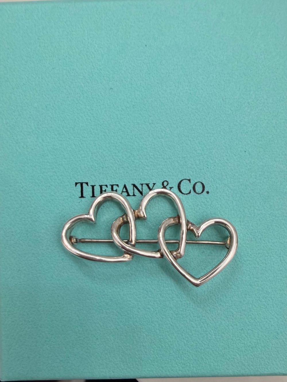 Tiffany & Co. Silver Triple Linked Heart Brooch - Turquoise Box